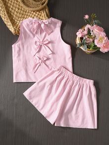Joliand Joliand Tween Girls Striped Summer Cute Vacation Pastel Pink Butterfly Back Tank Top & Shorts Co-Ord Set,Mommy And Me Textured Frill 2-Piece Matching Outfit - Pink - View 4