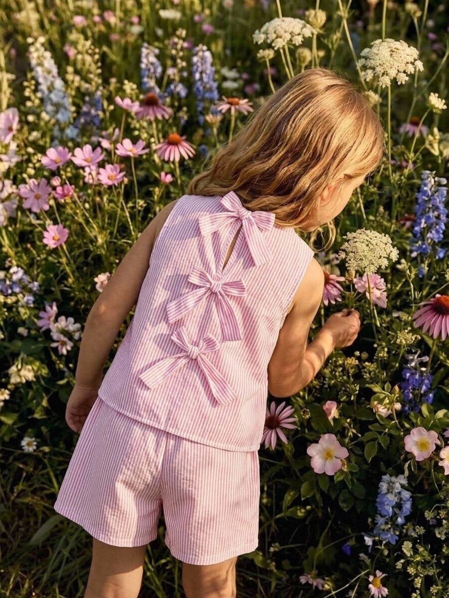 Joliand Joliand Tween Girls Striped Summer Cute Vacation Pastel Pink Butterfly Back Tank Top & Shorts Co-Ord Set,Mommy And Me Textured Frill 2-Piece Matching Outfit - Pink - View 1