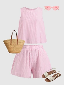 Joliand Joliand Tween Girls Striped Summer Cute Vacation Pastel Pink Butterfly Back Tank Top & Shorts Co-Ord Set,Mommy And Me Textured Frill 2-Piece Matching Outfit - Pink - View 7