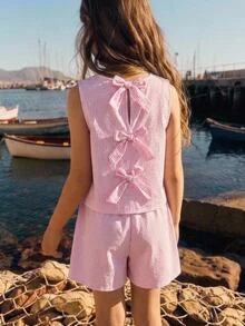 Joliand Joliand Tween Girls Striped Summer Cute Vacation Pastel Pink Butterfly Back Tank Top & Shorts Co-Ord Set,Mommy And Me Textured Frill 2-Piece Matching Outfit - Pink - View 2