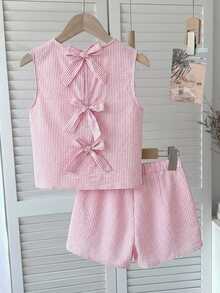 Joliand Joliand Tween Girls Striped Summer Cute Vacation Pastel Pink Butterfly Back Tank Top & Shorts Co-Ord Set,Mommy And Me Textured Frill 2-Piece Matching Outfit - Pink - View 5