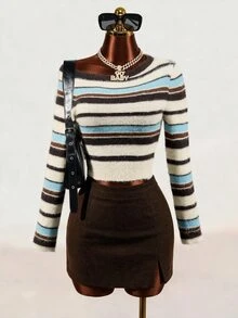 Mistrie Y2K Asymmetrical Shoulder Colorblock Striped Fuzzy Cropped Long Sleeve Knit Sweater - Blue - View 1