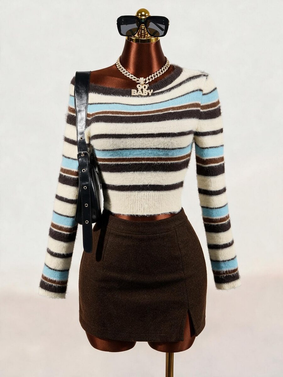 Mistrie Y2K Asymmetrical Shoulder Colorblock Striped Fuzzy Cropped Long Sleeve Knit Sweater - Blue - View 1