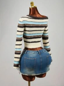 Mistrie Y2K Asymmetrical Shoulder Colorblock Striped Fuzzy Cropped Long Sleeve Knit Sweater - Blue - View 2
