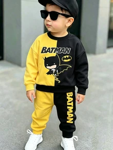BATMAN X SHEIN GraphicGems 男嬰休閒可愛拼色卡通印花圓領長袖運動衫與運動褲套裝，抓絨內裡，適合秋冬 - 彩色 - 查看 5