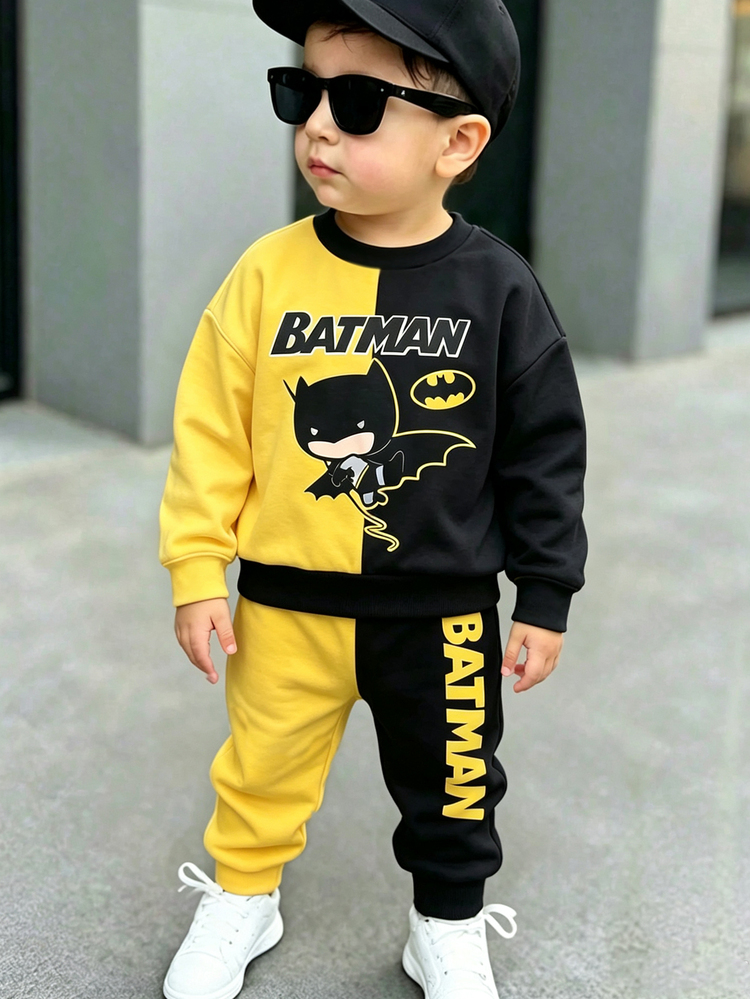 BATMAN X SHEIN GraphicGems Baby Boy Casual Cute Colorblock Cartoon Print Crew Neck Long Sleeve Sweatshirt And Sweatpants Set, Fleece Lined Suitable For Autumn/Winter - Multicolor - View 5