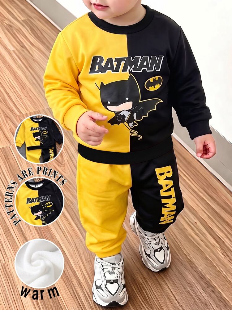 BATMAN X SHEIN GraphicGems Baby Boy Casual Cute Colorblock Cartoon Print Crew Neck Long Sleeve Sweatshirt And Sweatpants Set, Fleece Lined Suitable For Autumn/Winter - Multicolor - View 1