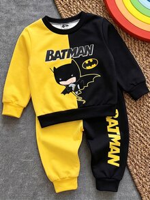 BATMAN X SHEIN GraphicGems 男嬰休閒可愛拼色卡通印花圓領長袖運動衫與運動褲套裝，抓絨內裡，適合秋冬 - 彩色 - 查看 3
