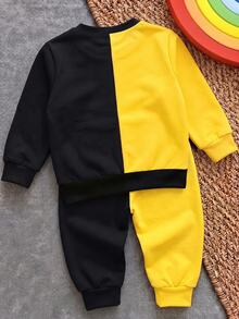 BATMAN X SHEIN GraphicGems 男嬰休閒可愛拼色卡通印花圓領長袖運動衫與運動褲套裝，抓絨內裡，適合秋冬 - 彩色 - 查看 2