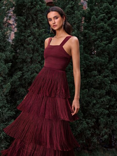 VOLUPTÉ CURVE Gaun Panjang Wanita Musim Semi/Panas Warna Merah Anggur dengan Rumbai Satin, Gaun Elegan untuk Kencan, Liburan, Pesta Natal, dan Tamu Pernikahan