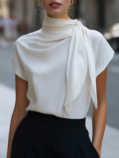 SHEIN Women's White Satin Stand Collar Ribbon Short Sleeve Blouse, Asymmetric Knot Design, Draped Loose Fit, Slimming Commuter Elegant Top, Summer New Office Versatile Style
