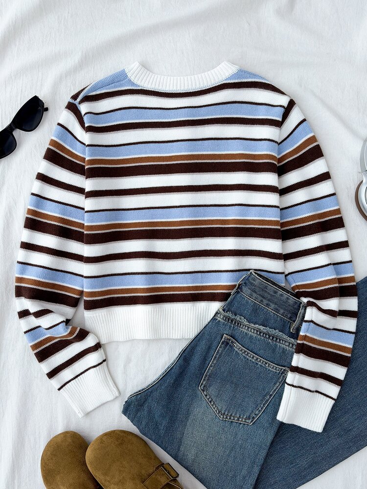 SHEIN Teen Girls Cardigans Autumn/Winter Knit Sweater With Color Block Rainbow Stripes, Round Neck Long Sleeve Loose Short Cardigan, Suitable For Daily Wear, Back To School, Commuting, Versatile - Khaki - View 2