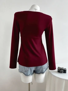 SHEIN Sweetra Young 青少年女孩酒紅色愛心蕾絲飾邊領口百褶腰設計喇叭長袖T恤 畢業生日秋季優雅休閒款 - 酒紅色 - 查看 4