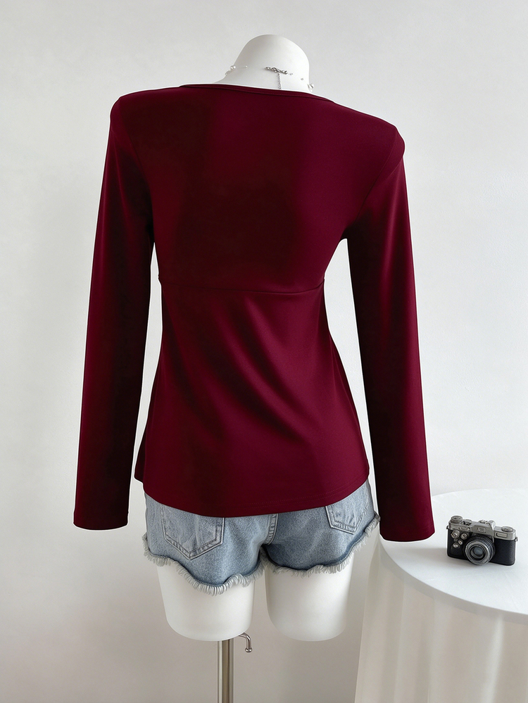 SHEIN Sweetra Young تي شيرت للفتيات المراهقات باللون البرغندي مع تصميم قلب وحافة دانتيل على الياقة وخصر مطوي وأكمام طويلة واسعة مناسب للتخرج وأعياد الميلاد والخريف أنيق وكاجوال - عنابي اللون - مشاهدة 4