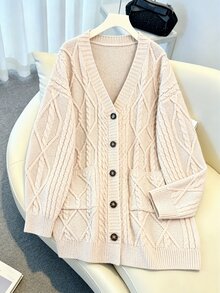 GlowEve CURVE 女款冬季大尺碼寬鬆版型開襟長版針織開襟衫，2026秋季居家度假休閒優雅白色上衣 - 杏色 - 查看 1