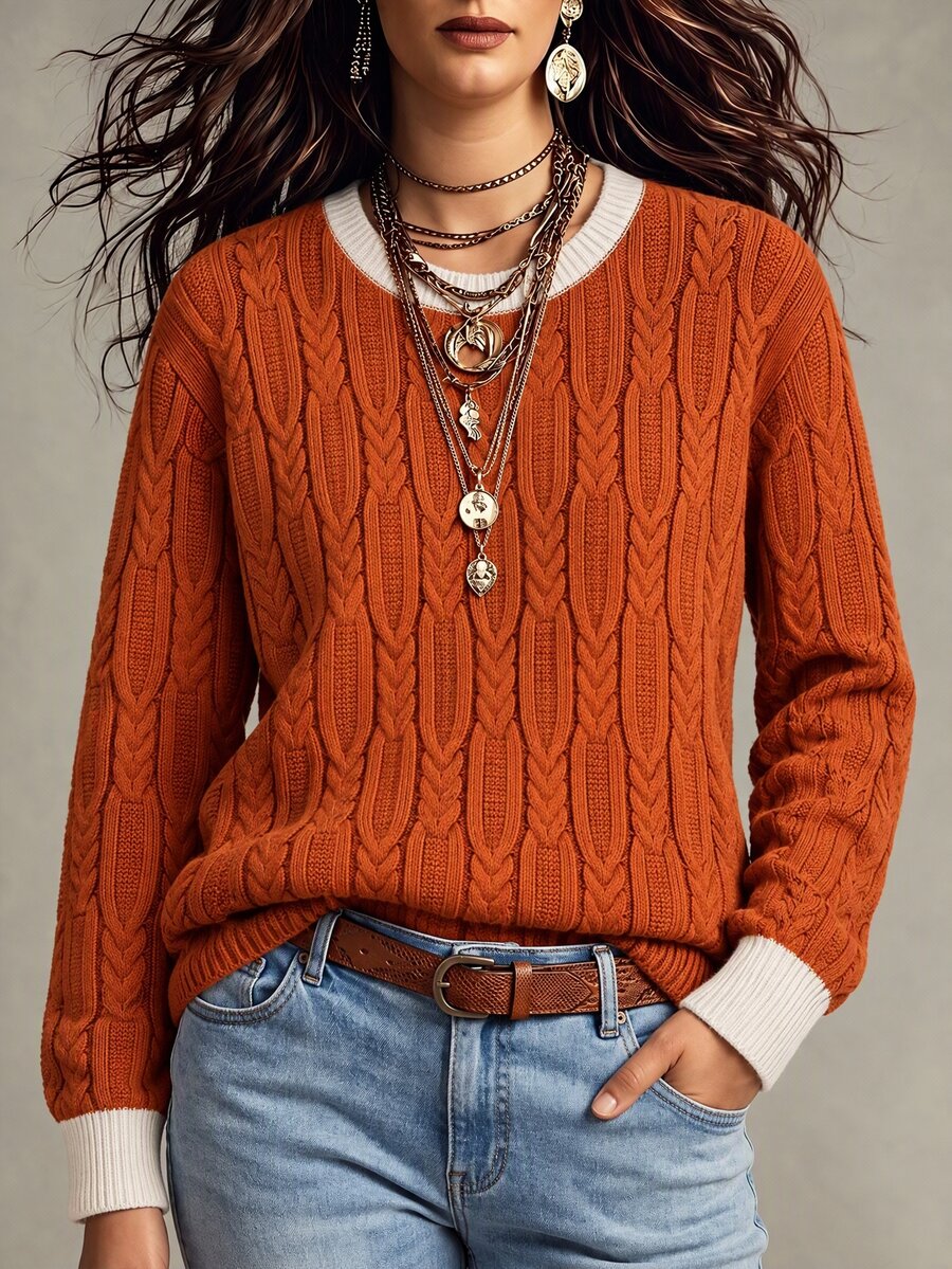 Linhara European Minimalist Casual 80s Versatile Drop Shoulder Pullover Sweater Women 2026 Fall Winter Thanksgiving Going Out Holiday Burnt Orange - Orange - View 1