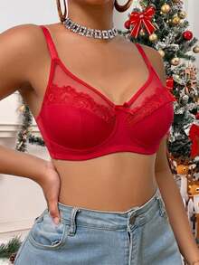 DesireSculpt 1件女款蕾絲拼接無鋼圈內衣 - 紅色 - 查看 6