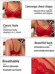 DesireSculpt 1件女款蕾絲拼接無鋼圈內衣 - 紅色 - 查看 7
