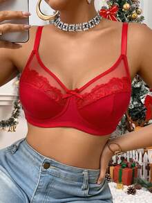 DesireSculpt 1件女款蕾絲拼接無鋼圈內衣 - 紅色 - 查看 8
