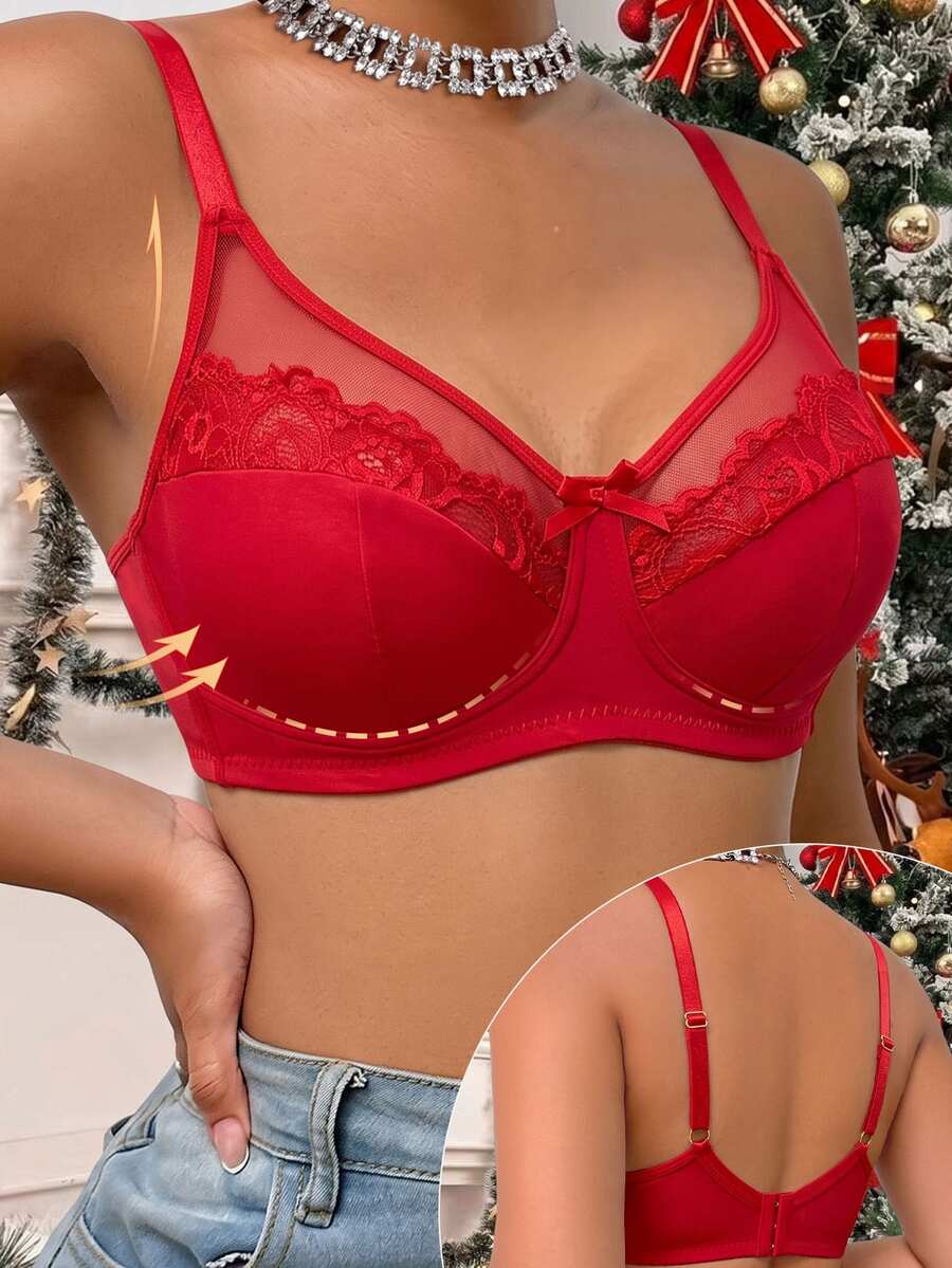 DesireSculpt 1件女款蕾絲拼接無鋼圈內衣 - 紅色 - 查看 1