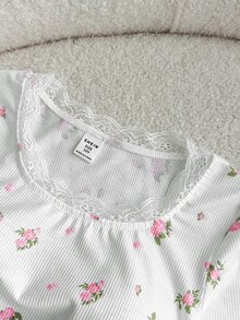 少女休闲度假家居针织罗纹小碎花U领蕾丝荷叶边修身长袖短款T恤，适合所有季节，女童碎花T恤 - 粉色 - 查看 3