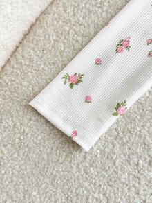 少女休闲度假家居针织罗纹小碎花U领蕾丝荷叶边修身长袖短款T恤，适合所有季节，女童碎花T恤 - 粉色 - 查看 5