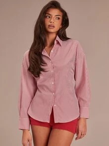 Athîral 女款極簡條紋鈕扣長袖襯衫，適合辦公與通勤 - 紅色 - 查看 2