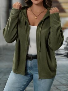 Linhara Plus Size Women's Casual Elegant Zip-Up Long Sleeve Hooded Knit Cardigan Winter Women Fall Winter Sweater Fall Winter 2026 Home Birthday Olive Green - Dark Green - View 4