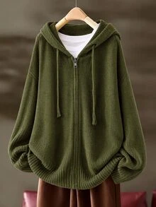 Linhara Plus Size Women's Casual Elegant Zip-Up Long Sleeve Hooded Knit Cardigan Winter Women Fall Winter Sweater Fall Winter 2026 Home Birthday Olive Green - Dark Green - View 1