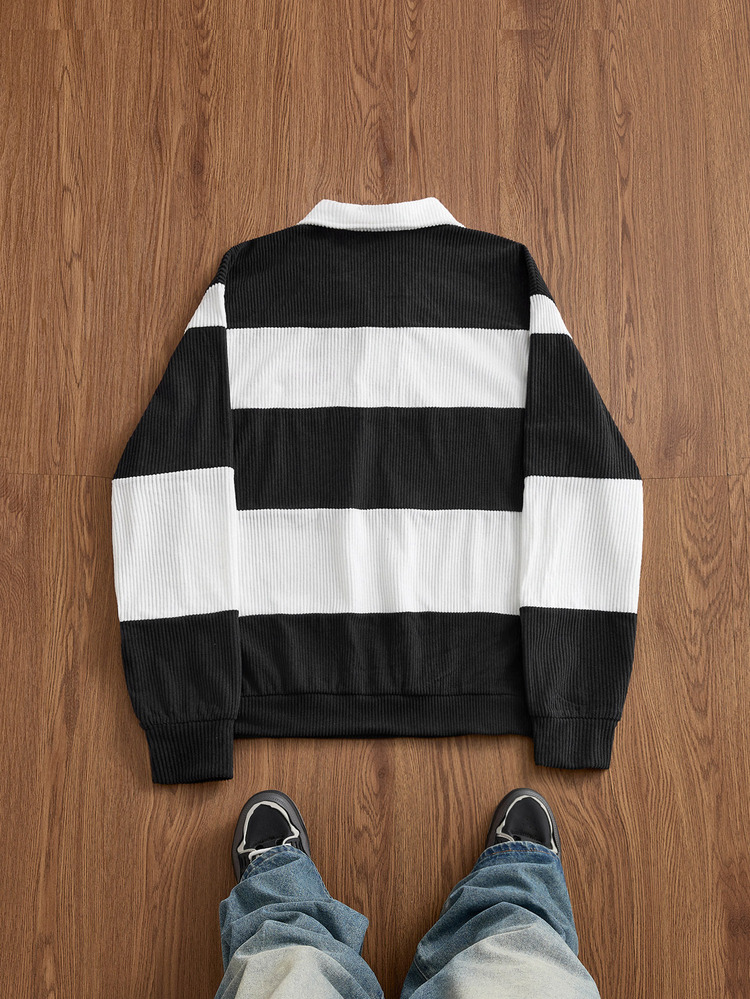 SWAVVY Men's Knitted Fashion Casual Loose Long Sleeve Half-Zip Sweatshirt - Black - View 2