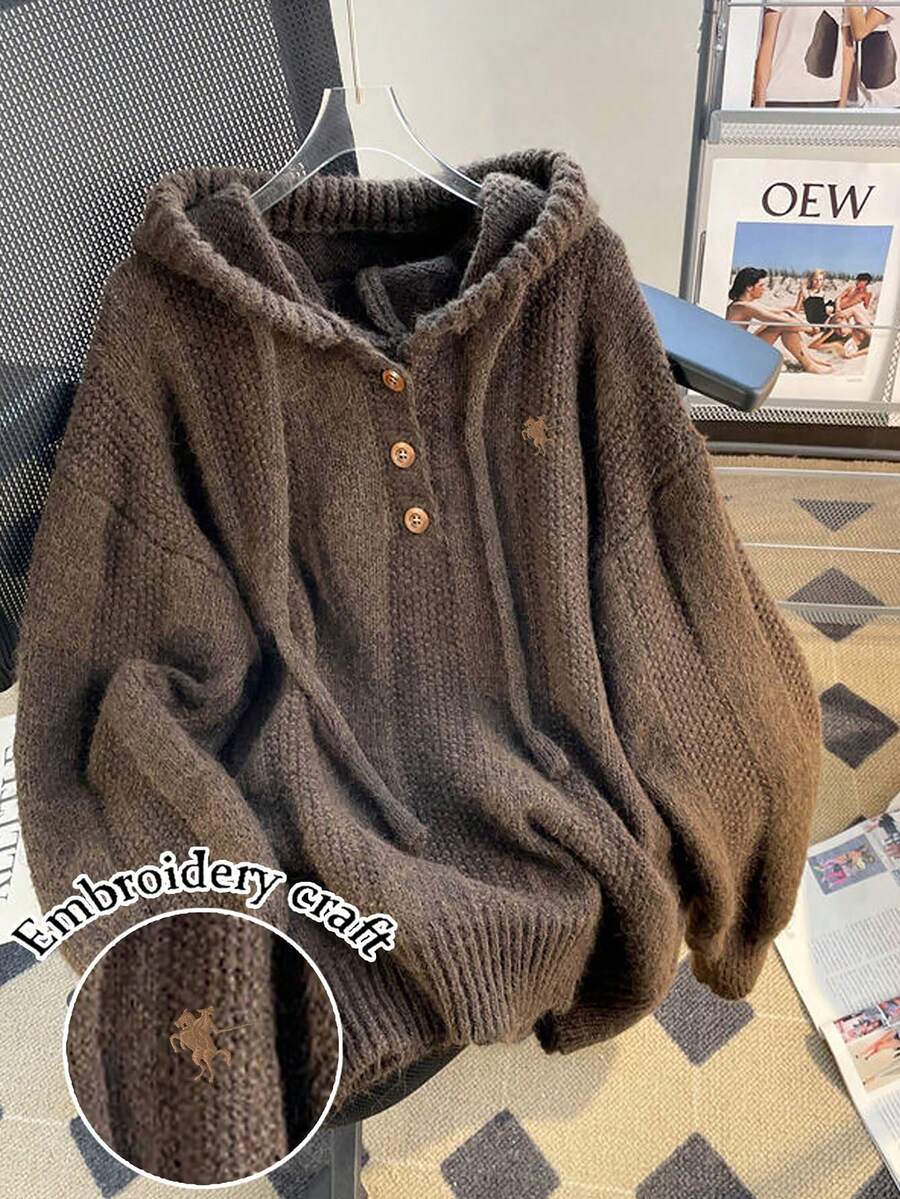 GlowEve CURVE Plus Size Women's Casual 80s Commuting Rider Embroidery Drop Shoulder Loose Half-Button Cardigan Hoodie, Fall/ Party Home Brown - Chocolate Brown - View 1