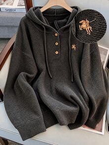 GlowEve CURVE Plus Size Women's Casual 80s Commuting Rider Embroidery Drop Shoulder Loose Half-Button Cardigan Hoodie, Fall/ Party Home Brown - Chocolate Brown - View 3