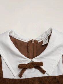 Joliand Joliand Tween女孩卡其色燈芯絨拼接白色長袖3D蝴蝶結裝飾翻領前開襟洋裝，復古學院風精緻大蝴蝶結襯衫洋裝，休閒學院風 - 卡其色 - 查看 13