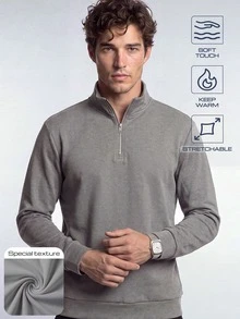 TekDrob 4-Way Stretch Fleeced Sweatshirt With Half Zip Moke Neck, Soft Touch And Keep Warm Effect - Dark Grey - View 1