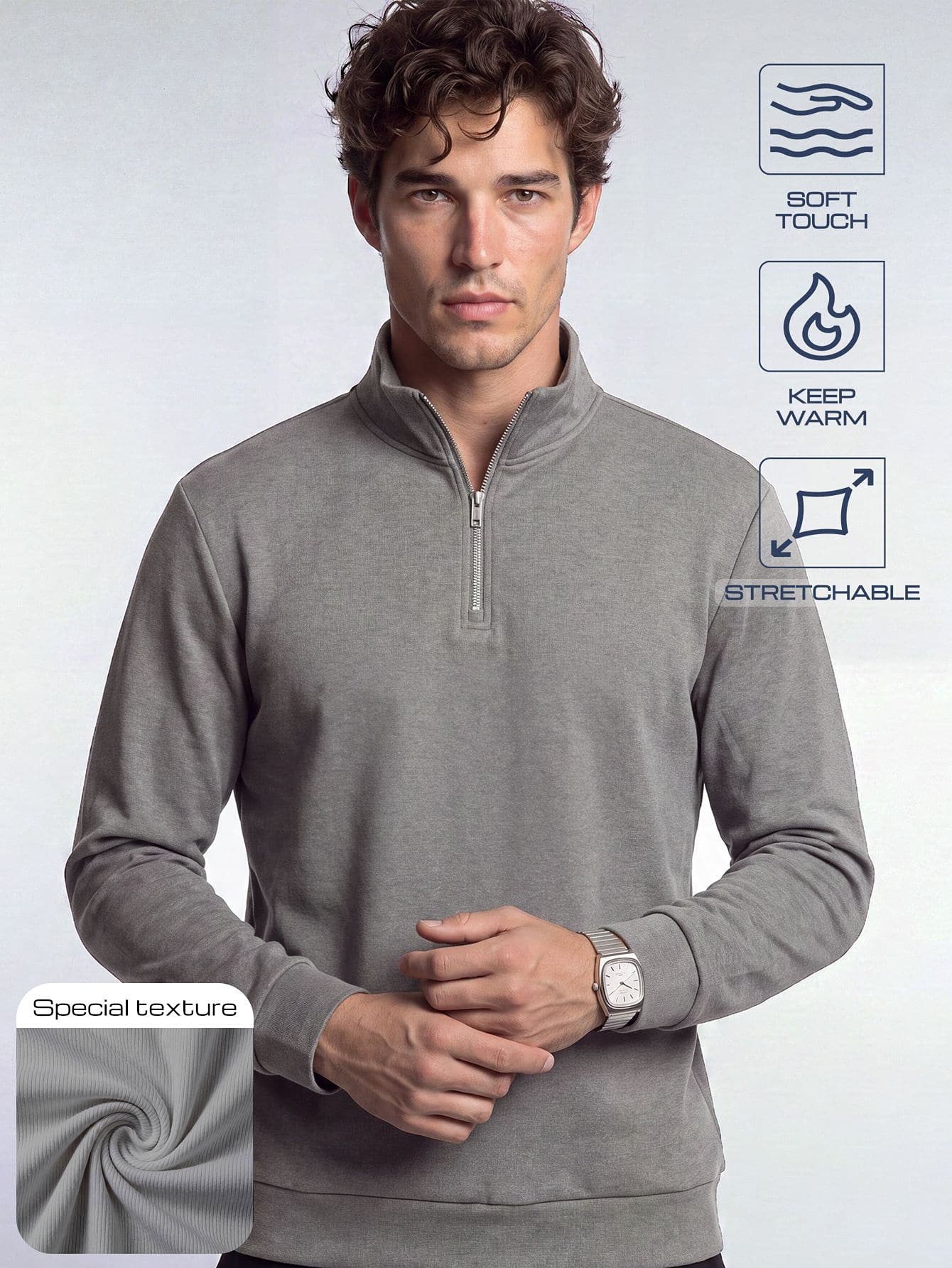 TekDrob 4-Way Stretch Fleeced Sweatshirt With Half Zip Moke Neck, Soft Touch And Keep Warm Effect - Dark Grey - View 1