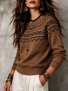 SHEIN Women's Fall Round Neck Fair Isle Bohemian Style Boho Pullover ...