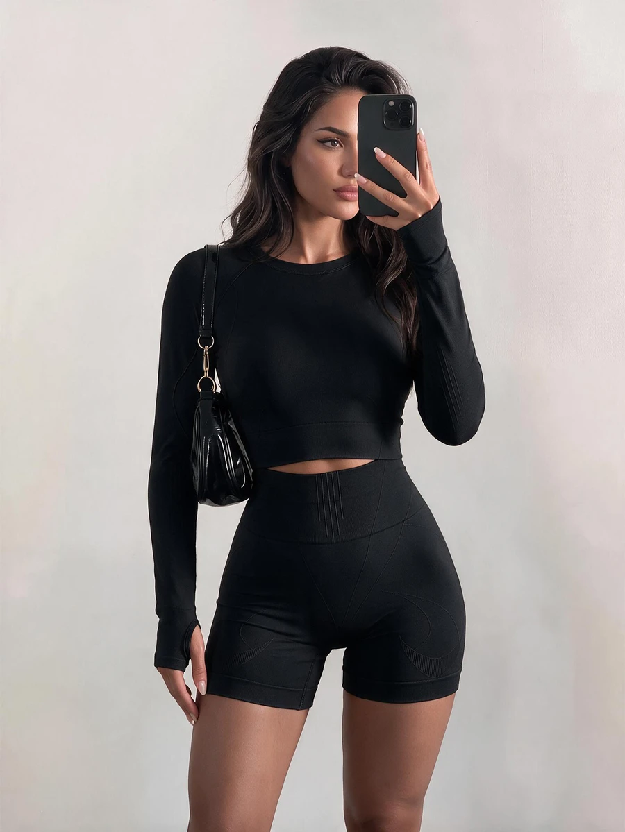 Dewbera Dewbera Quick-Drying Seamless High Stretch & Holes Sports Set Workout Set Outfit Set Workout Women Set Gym Women Outfit - Black - View 1