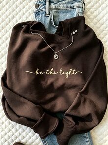 INAWLY 刺繡「Be The Light」基督教女款運動衫，灰色，秋季休閒日常信仰運動服，保暖內裡長袖圓領套頭衫 - 巧克力棕 - 查看 3
