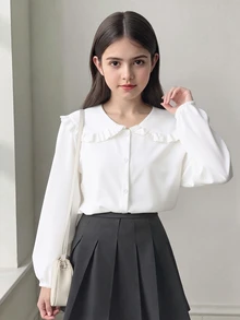 SHEIN 青少年女孩秋季上衣 荷葉邊領白色長袖襯衫，休閒學院風優雅，穿搭，日常，極簡，冬季，度假校園 - 白色 - 查看 4