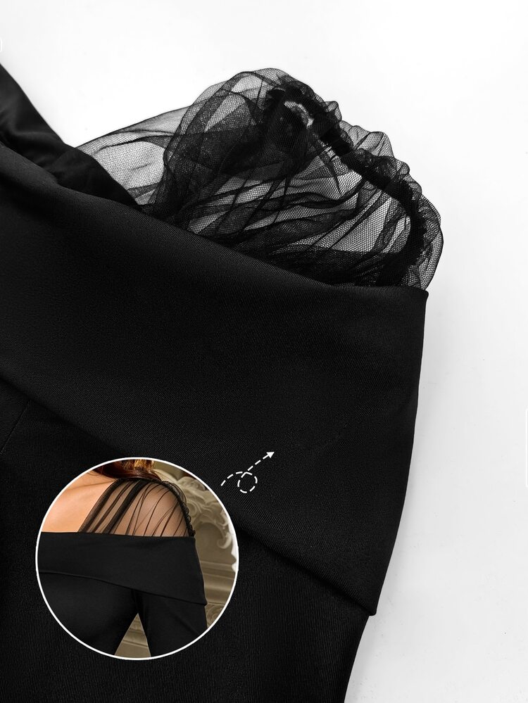 SHEIN LUNE Gaun Wanita Ukuran Plus yang Serbaguna dan Elegan dengan Patchwork dan Jala Berkualitas Tinggi. - Hitam - View 5