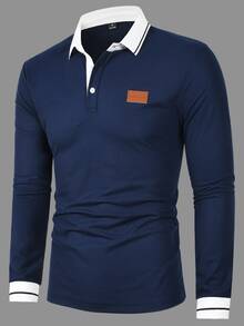 Manfinity Mode Men's Contrast Collar Long Sleeve Polo Shirt, Spring/Autumn Commuter Top, Dark Color Luxury Leather Patch Decor, Business Casual Minimalist Versatile Pullover Base Layer, Formal, Old Money - Royal Blue - View 3