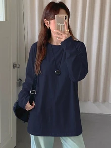 DAZY 纯色圆领宽松长袖女式T恤，长款，秋季衣服 - 藍色 - 查看 9