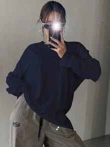 DAZY 纯色圆领宽松长袖女式T恤，长款，秋季衣服 - 藍色 - 查看 6