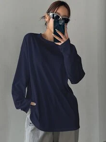 DAZY 纯色圆领宽松长袖女式T恤，长款，秋季衣服 - 藍色 - 查看 5