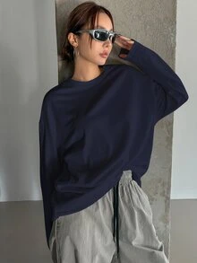 DAZY 纯色圆领宽松长袖女式T恤，长款，秋季衣服 - 藍色 - 查看 4