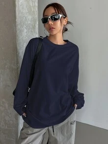 DAZY 纯色圆领宽松长袖女式T恤，长款，秋季衣服 - 藍色 - 查看 10