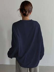 DAZY 纯色圆领宽松长袖女式T恤，长款，秋季衣服 - 藍色 - 查看 3