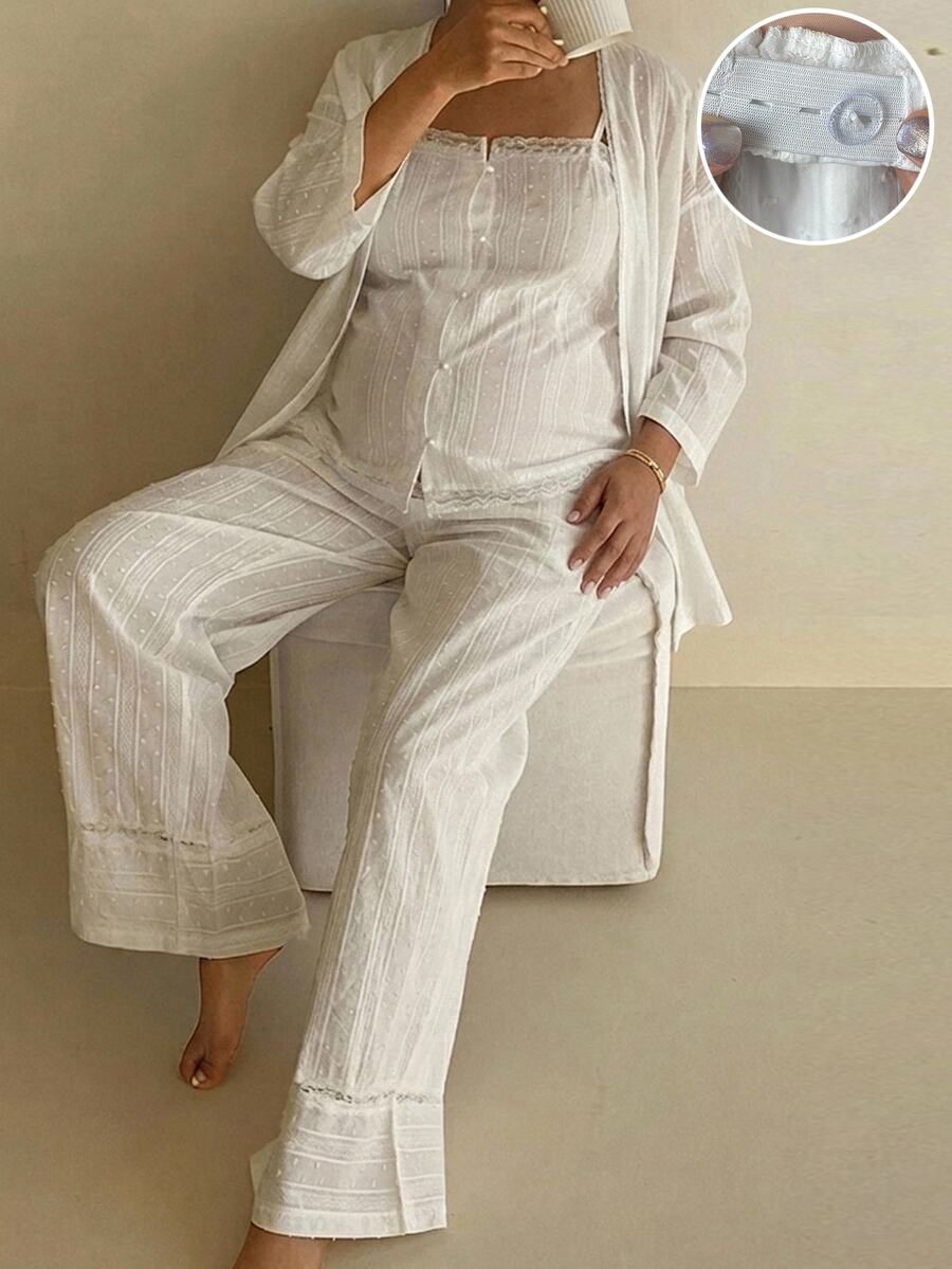 Dazy Maternity Textured Fabric Fitted Camisole Loose Cardigan Straight Leg Pants Casual Daily Vacation Spring Autumn 3 Pieces Set Maternity 2 Pieces Set - White - View 1