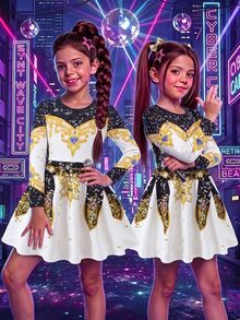 SHEIN 女童休閒針織特殊效果印花掛脖洋裝 - 白色 - 查看 1