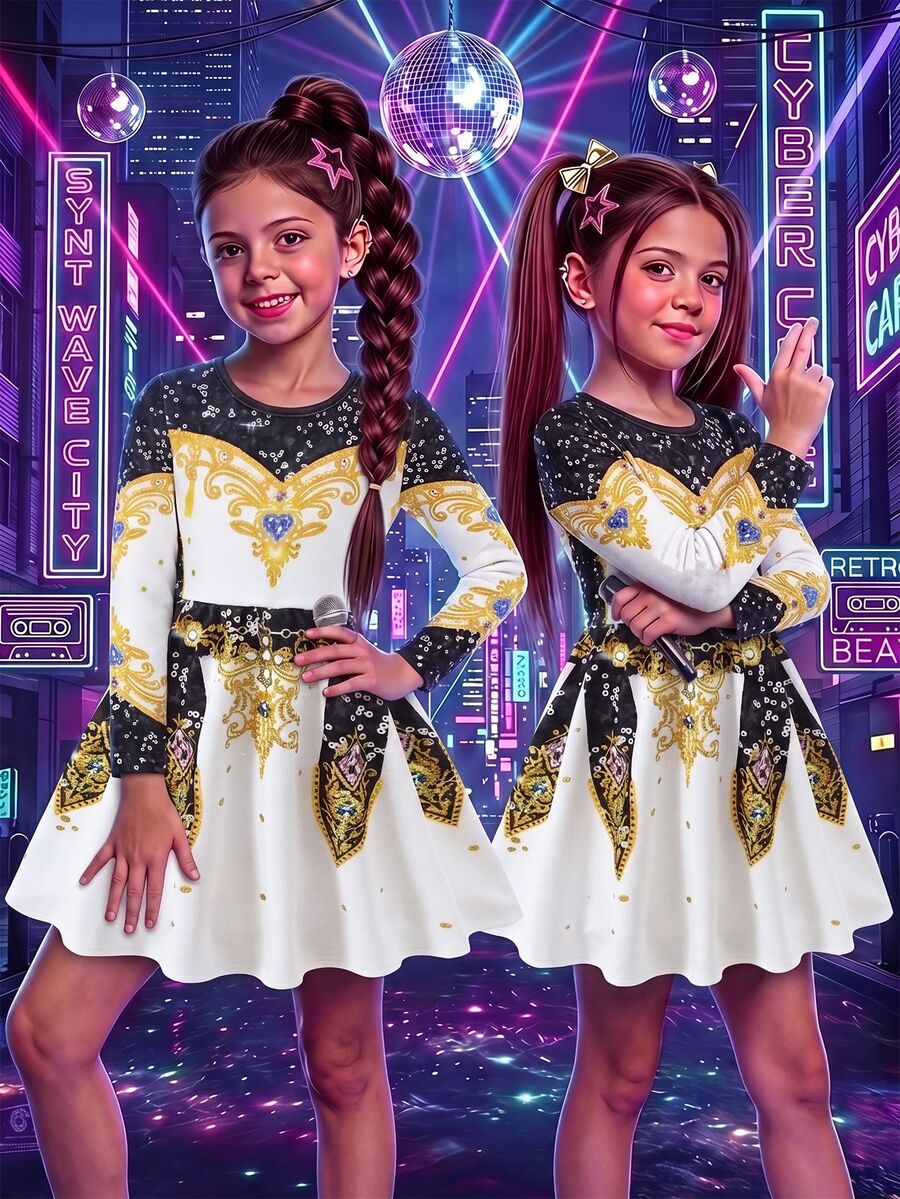 SHEIN 女童休閒針織特殊效果印花掛脖洋裝 - 白色 - 查看 1